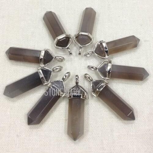 H-RQP17 Crystal Pillar Pendant Grayish Brown Stone Hexagon Point Pendant Silver Bail Approx 40mmx10mm