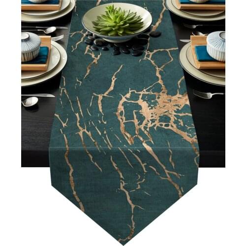 Marble Lines Cracks Texture Green Golden Metal Table Runner Table Flag Home Party Decorative Tablecloth Table Runners