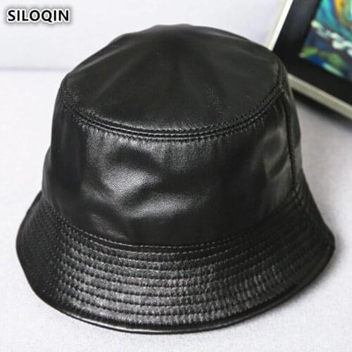 SILOQIN Mens Flat Caps Bucket Hats Genuine Leather Hat New Trend Autumn Womens Elegant Sheepskin Leather Cap Couple Black Cap