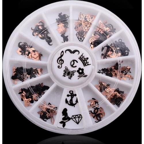 1 box 12 design Options Nail Art Sticker Decorations 2 sides Black And Gold 3d Metal Christmas Accessories Manicure Tools