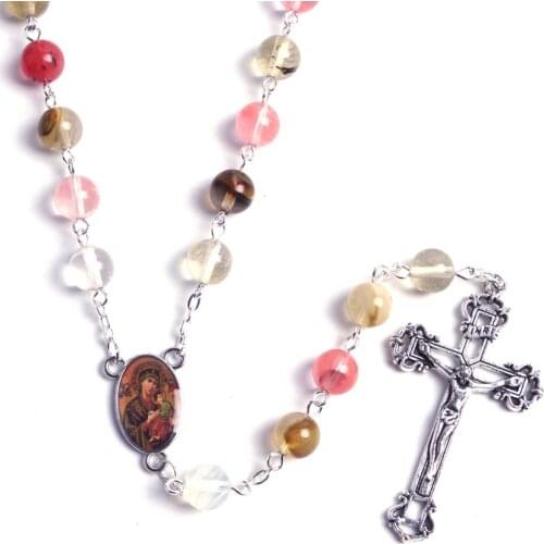 New Fashion Round Colorful Natural Stone Beads Our Lady of Perpetual Help Catholic Rosary Necklace