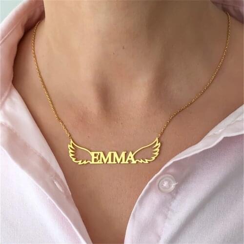Personalized Custom Name Necklace Stainless Steel Necklace Angel Wings Nameplate Pendant Dainty Jewelry Gift for Women Girls