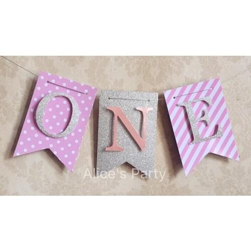 Custom Silver Glitter 1st Birthday Party Banner Hot Girl first birthday party decoration princess pink dots stripes ONE Garland