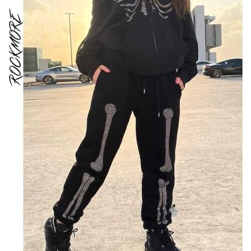 Rockmore Bone Rhinestone Women Sweatpants Casual Baggy Joggers Harem Pants Streetwear High Waist Cargo Trousers Grunge Goth