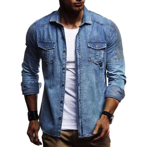 Mens Shirt Casual Denim Style Shirt Pleated Shoulder With Pockets Jeans Mens Long Sleeve Shirts Cotton Casual Shirts