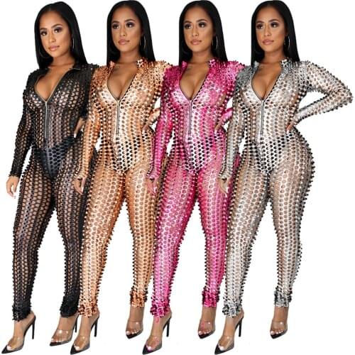Sexy Hole Hollow Out Jumpsuit Women Casual Transparent Bodysuit Jumpsuit Overall Femlae Body Nightclub Club Party Clothing 2021