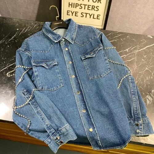 Blue Jean Jacket Women 2020 Spring New Hand-studded Diamond Tassels Chain Long Sleeve Denim Shirts Coat Womens Denim Jackets