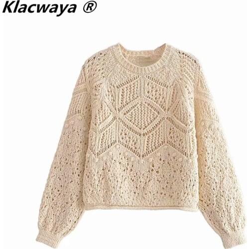 Klacwaya 2021 Women Autumn Fashion Jacquard Mesh Cloth Knitted Sweater Vintage O Neck Long Sleeve Female Pullovers Chic Tops