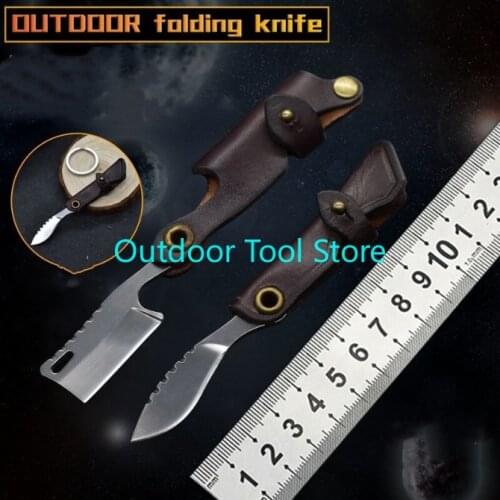 Outdoor Folding Knife Keychain Mini Keychain Knife D2 Blade Leather Handle EDC Pocket Camping Hunting Knife