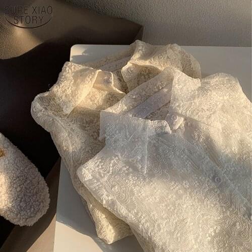 Spring Lace Bottoming Shirt 2021 New Fashion Chic Floral Embroidery White Blouse Women Long Sleeve Lapel Korean Hollow Top 13125