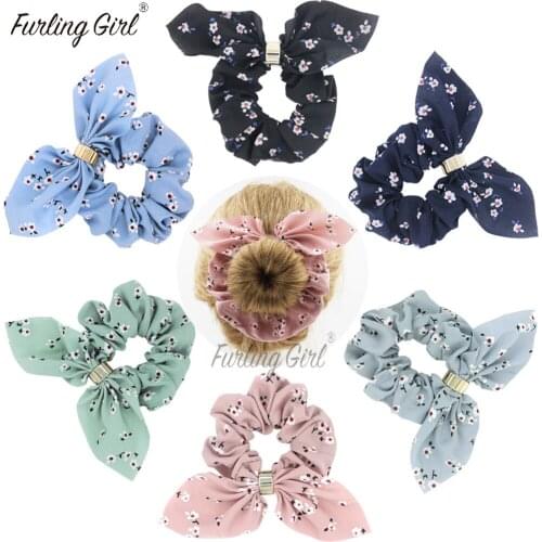 Furling Gilr 1 PC Floral Rabbit Ears Elastic Hairbands Flower Bowknot Hair Scrunchies Women Hair Tie with Bow Fashion Headwear
