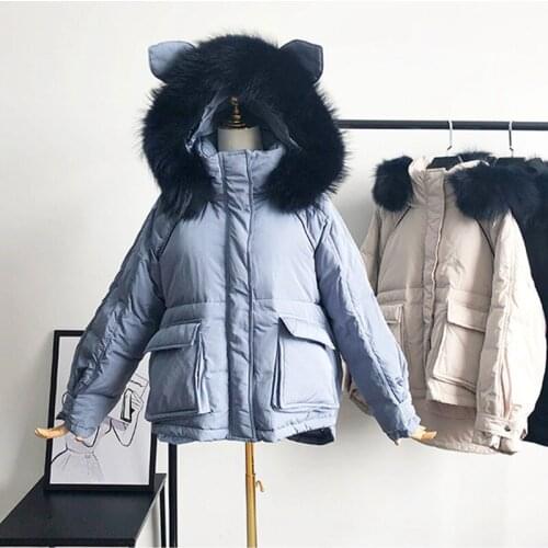 New style 2019 Korean version short style down jacket female big collar explosive winter warm coat rabbit ear lady down clothes