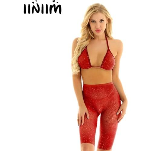 Femme Womens Glitter Rhinestone Fishnet Mesh Sheer See Through Lingerie Bra Top with Shorts Swimwear Beach Summer Bikinis Set