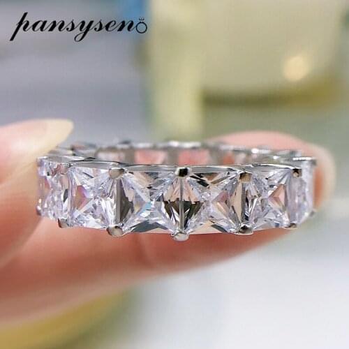 PANSYSEN Solid Silver 925 Jewelry Pricess Cut 5MM Square Simulated Moissanite Diamond Wedding Bangds Engagement Rings for Women