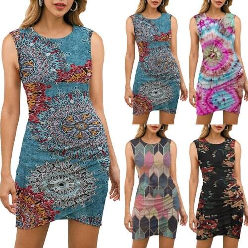 Suofun Casual Sleeveless Slim O-Neck 2021 New Fashion Womens Sexy Beach Party Irregular Hem Geometric Printing Summer Dresses