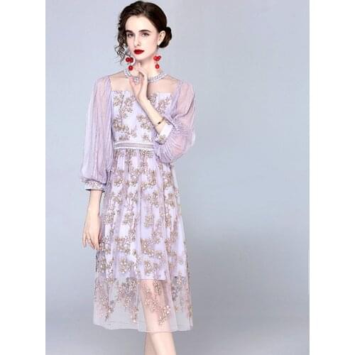 High Quality Mesh Embroidery Flower Holiday Dress Women Autumn 2021 New Fashion Long Sleeve Light Purple Midi Princess Dresses