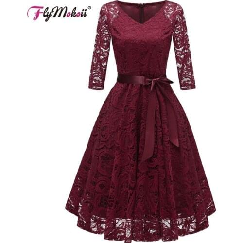 Autumn Plus Size V-Neck Formal Dress Women Elegant Party Floral Ball-Gown Red Short Sleeve Lace Ladies Bridesmaid Robe Wedding