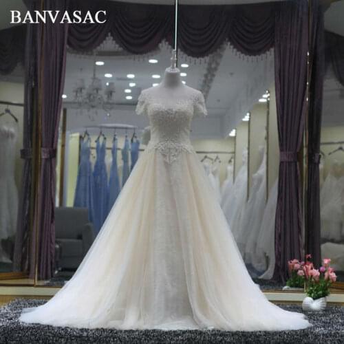 BANVASAC 2017 New A Line Elegant Embroidery O Neck Wedding Dresses Crystals Short Sleeve Satin Lace Bridal Gowns