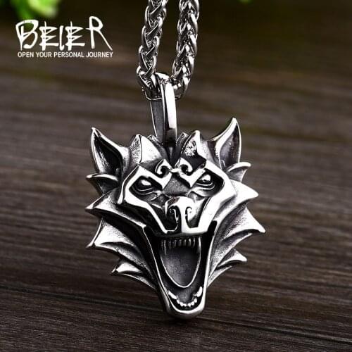 Beier new 316L Stainless Steel Viking Wolf Head Pendant Necklace Nordic Mythology Body Symbol High Quality Jewelry LLBP8-451P