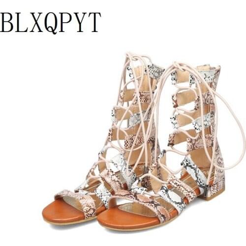 BLXQPYT Summer Roman Sandals Cross-Strap tall knee high Bondage Thong Women shoes Zipper Flat heel Sandals Flip flops Size 32-46