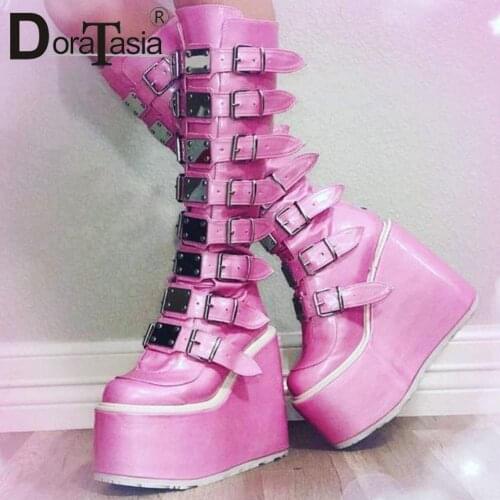 Luxury Brand New Female Platform Goth Boots Fashion Punk Metal Buckle Wedges High Heels Womens Boots Party Cosplay Shoes Woman