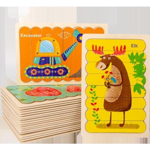 Cartoon Baby Toys Animal Fruit Dinosaur Pattern Double-Sided Wooden Strip Puzzle Childrens Creative Jigsaw Early Learning Toys