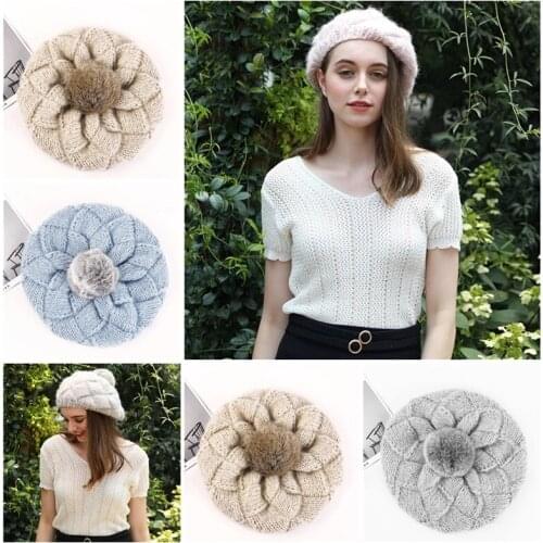 Women Girl Beret Hat Warm Wool Winter bonnets Ethnic style handmade knitted cap Vintage Plain Solid Color Lady Winter Caps