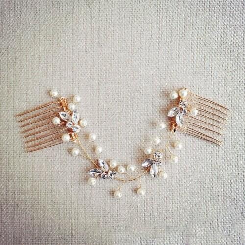 SLBRIDAL Drop Shipping Handmade Rhinestones Crystals Pearls Wedding Hair Comb Chain Headband Bridal Hair Accessories Bridesmaids