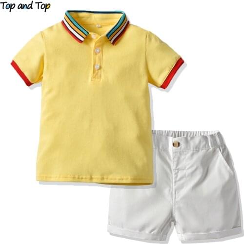 Top and Top Summer Toddler Baby Boy Cotton Gentleman Short Sleeve Rainbow Striped Tshirt+Shorts Casual Clothing Set Dropshipping