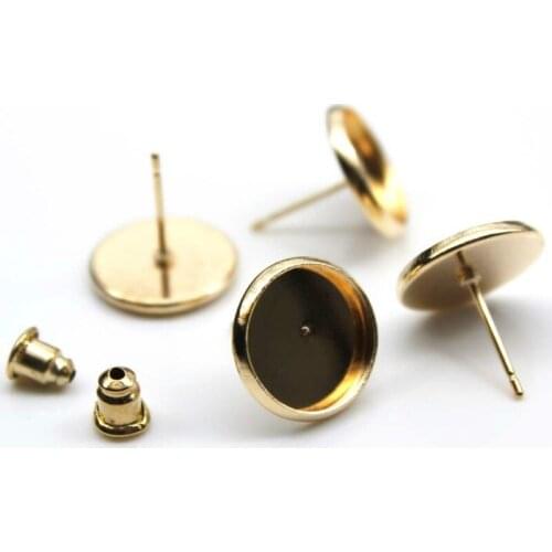 12mm Stud Earring Round Gold Plated glass cabochon Cameo Base Earring Setting Supplies for Jewelry 20pcs/lot