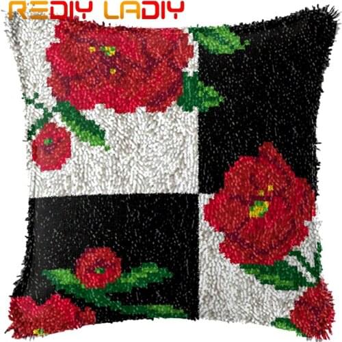 Latch Hook Cushion Poppy Pattern B Pillow Case Printed Color Canvas Acrylic Yarn Latched Hook Pillow Crochet Cushion Cover Kits