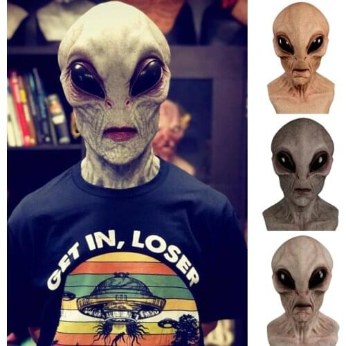 Halloween Full Head Latex Mask Creppy Extraterrestrial Doll Cosplay UFO Headgear X7YA