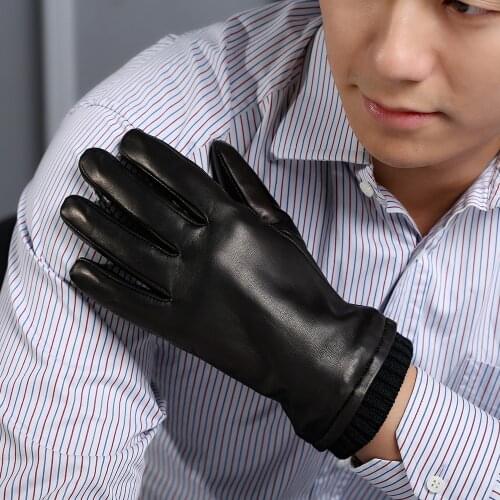 Real Leather Gloves Male Autumn Winter Plus Velvet Thicken Classic Black Fashion Simple Sheepskin Mans Gloves DQ9108