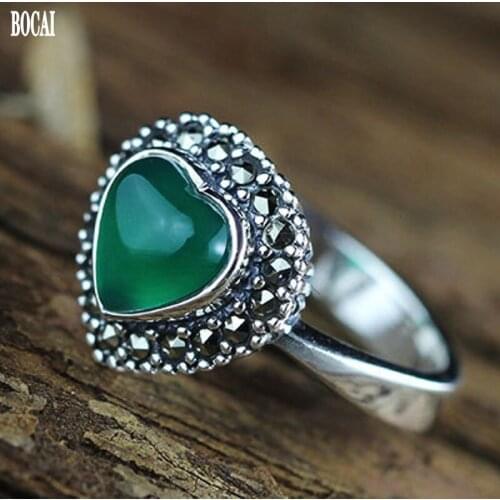 2020 new womens classic ring set with marseille green agate heart-shaped S925 ring for woman