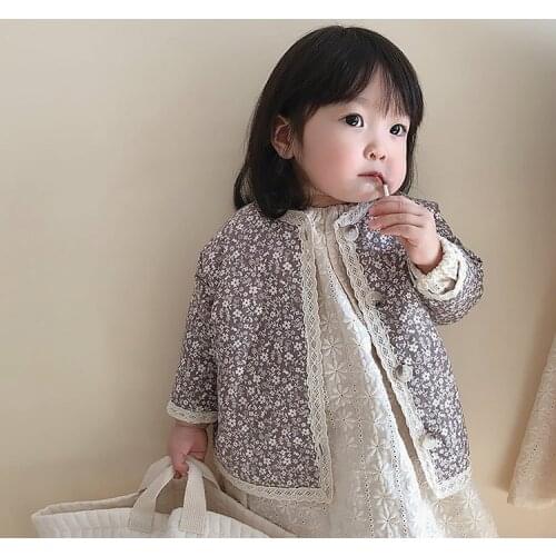 Autumn 2021 Korean childrens clothing retro printed girls' coat baby single lace childrens coat girl jacket kids coat