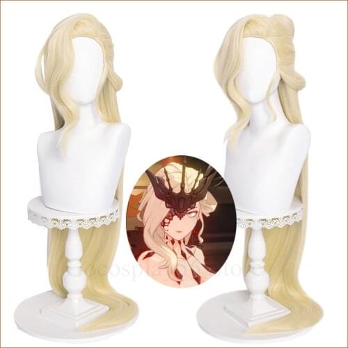 Genshin Impact La Signora Wig Cosplay Pale Blonde 120cm Long Straight Two Buns Heat Resistant Hair Lady Women Role Play