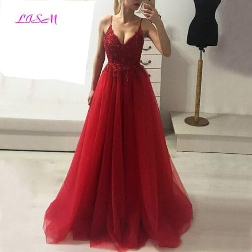 Sexy Deep V-Neck Long Evening Dress Red Straps Sleeveless Tulle Formal Prom Gowns 2020 Elegant Evening Formal Dresses