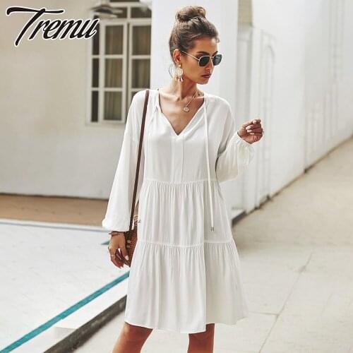 Tremu White V-Neck Cotton Sundress for Women 2021 Summer Lantern Sleeve Long Sleeve Solid Casual Midi Loose Elegant Dresses