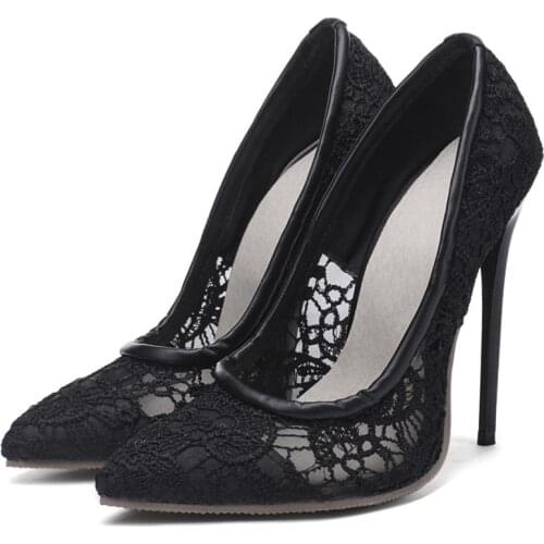 High Heels Shoes Women Stiletto Heel Pointed toe Pumps Ladies Lace Wedding Party Evening Shoes Black White Plus Size 43 44 45 46