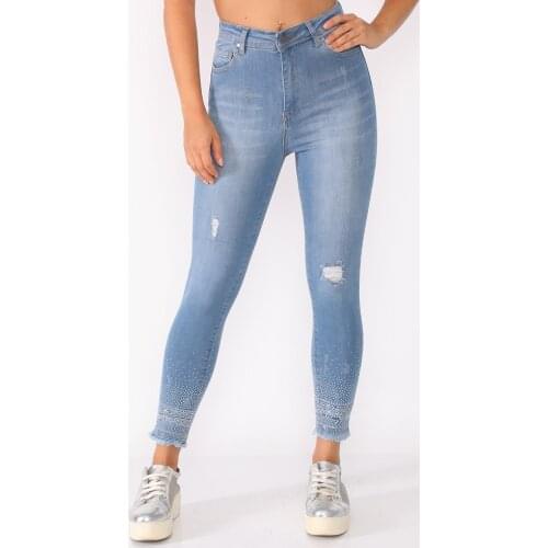 Women, Jeans, Slim Fit, High Waist, Shiny Stones, Lycra, Flexible, Blue, Full Length, Cotton Denim Trousers, 2021 Spring Summer