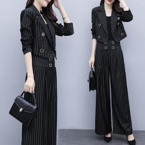 Women Suits 2021 Autumn New Winter Korean Fashion Striped Short Coat Wide Leg Pants 2 Two Piece Sets Matching Plus Size Clothing