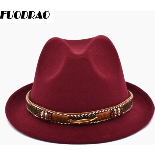 FUODRAO Classic Women Cowboy Hats Wool Fedoras Wide Brima Jazz Hats Vintage Black Panama Chapeau Femme F32