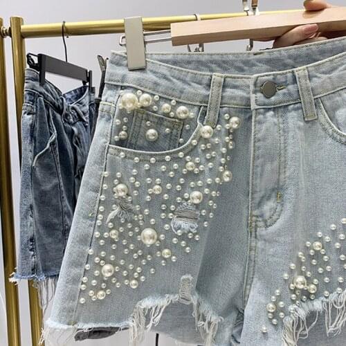 New Summer Tassel Bead Decoration Solid Ripped Women Shorts Denim Casual High Waist A-line Female Bottoms Jeans Shorts
