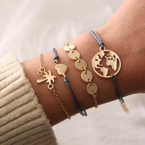 Bohemian Gold Coconut Sequin Map Heart Bracelets for Women Jewelry Geometric Statement Hand Chain Charm Bracelets Bangle Set