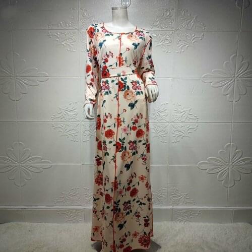 Elegant Ethnic Floral Maxi Long Dress for Women Spring 2021 New O Neck Full Sleeve Malaysia Arabic Oman Muslim Clothing