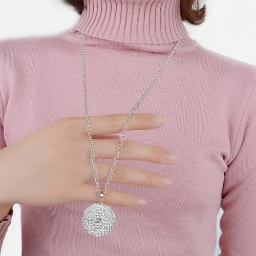 Sweater Necklaces For Women Large Silver Plated Rhinestone Crystal Shiny Ball Shape Necklaces Pendants Round Zircon Pendants