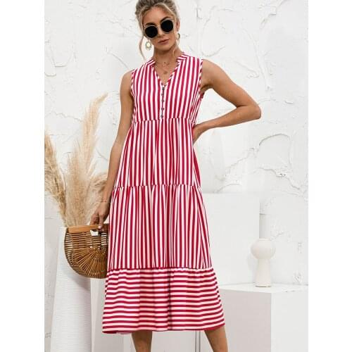 2021 Summer Dress Party And Holiday Womens Dress With Frilly Striped Button Stitching Retro Style Sleeveless Dress