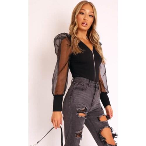 2020 Sexy Womens Bodycon Zipper V Neck Jumpsuit Puff Long Sleeve Bodysuit Leotard Romper Top Blouse Bodysuits