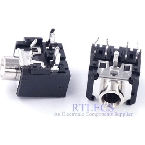 100pcs Audio Jack 3.5mm 5 Pin 3 Poles TRS Stereo Socket Internal 2 Switch DIP & Ring Switch Normally Closed Right Angle