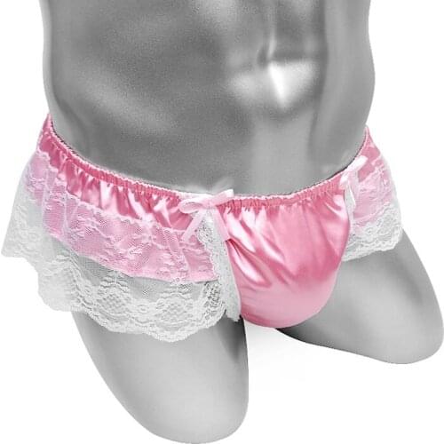 Shiny Satin Mens Thong Underwear Floral Lace Sissy Panties With Big Bowknot Sexy Lingerie Skirted Male Bikini Underpants